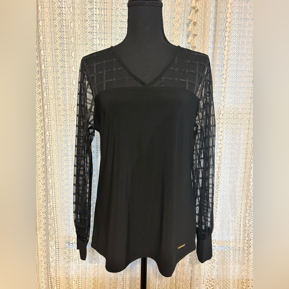 Nine West Elegant Black Top with Mesh Sleeves